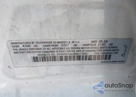 2008 Volkswagen Jetta S z USA, uszkodzony, nr VIN 3VWJM71K28M172957